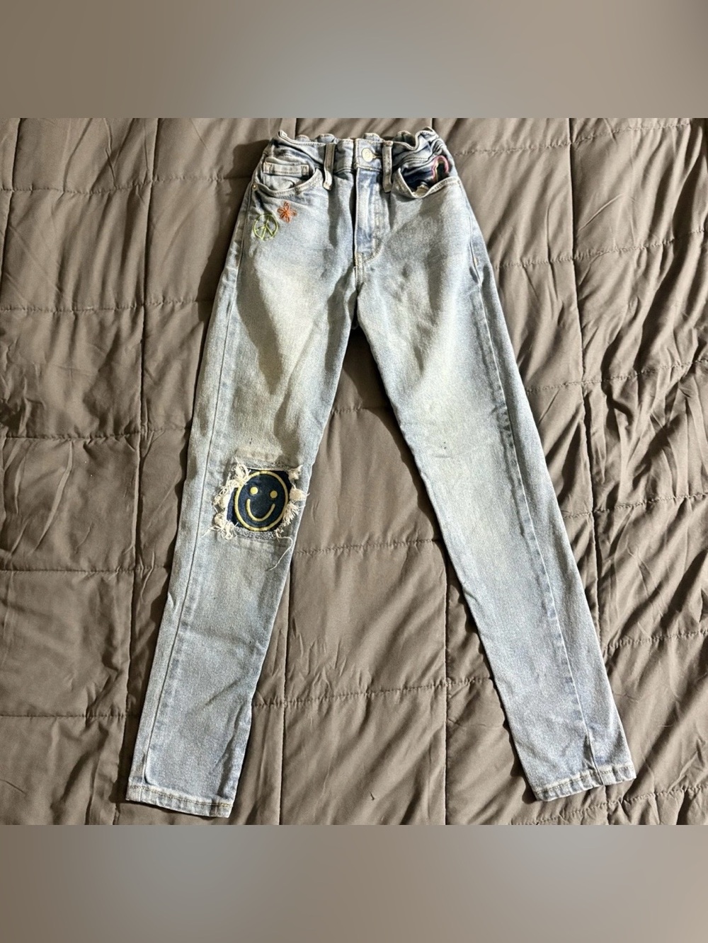 Cat & Jack Size 8 Embroidered High-Rise Skinny Jean Adjustable Waist Smiley Face